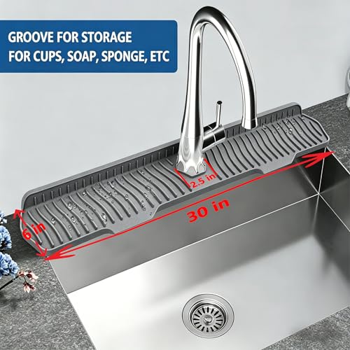 Kitchen Sink Splash Guard Gen2-30" x 6'' Silicone Sink Mat Splash Guard fit for Countertop, Bathroom,Farmhouse,RV by EBIGIC (Grey)