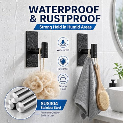 5 Pcs Towel Hooks Heavy Duty for Hanging，Adhesive Wall Hooks with Removable Strips，Sticky No Damage，Outdoor for Bathrooms，Shower，Stockings，Decor，Robe，X-Large，Black 304 Stainless Steel