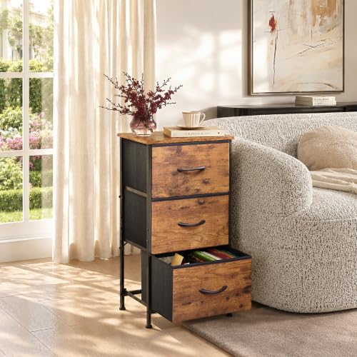 WLIVE Small Dresser Nightstand for Bedroom, 3 Drawers, Rustic Brown | 3 roomy fabric drawers, Compact nightstand, Bedroom or closet use, Chest of drawers, Dresser for small spaces