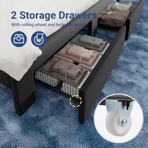 Allewie Queen Bed Frame with 2-Tier Storage Headboard & 2 Large Drawers