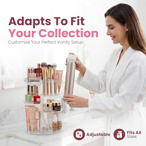 Masirs 360 Rotating Makeup Organizer Countertop, Adjustable Shelf, Clear | 360-Degree Rotating Makeup Organizer, Adjustable Shelf Height, Cosmetic Perfume Skincare Storage, Vanity Countertop, Clear
