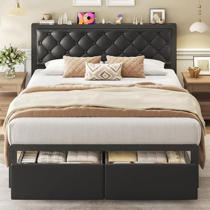 Queen Bed Frame with 2 Storage Drawers, Upholstered Headboard Button Tufted Bed Frame with Charging Station, No Box Spring Needed, Noise-Free, All Metal Structure, Black