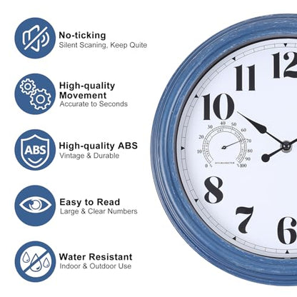 12 inch Outdoor Clock Blue Waterproof Wall Clock with Temperature | Water Resistant Outdoor Clocks for Patio Garden