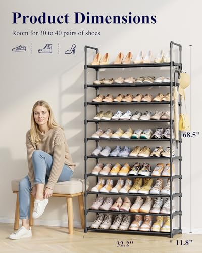 Kitsure 10 Tier Shoe Rack, Tall Shoe Organizer, 32.2" Wide, Black | Large-Capacity Shoe Storage with Hooks, Shoe Shelf for Closet, Entryway, Bedroom, Living Room, Zapateras Organizer