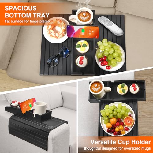 Joy&Grace Couch Cup Holder, 3-in-1 Magnetic Detachable Couch Arm Tray, Bamboo Sofa Armrest Table with Anti-Slip Pad, Sofa Armrest Tray Table (Black)