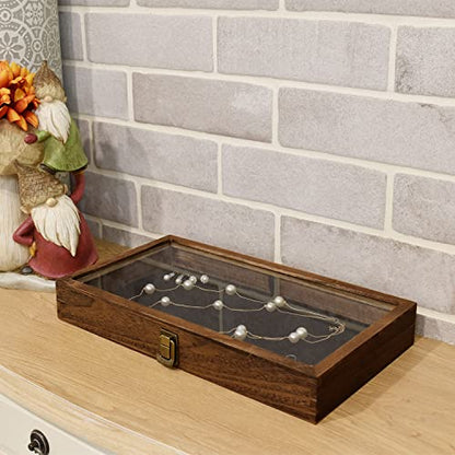 MOOCA Wood Jewelry Display Case with Tempered Glass Top, Black Velvet Pad | Wood display case with a glass top and removable black velvet pad accommodates taller jewelry and collectibles.