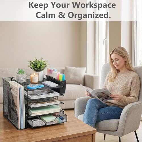 5-Tier Desk File Organizer with Drawer & Pen Holder (Black) | Desk Organizers and Accessories, Office Desk Accessories & Workspace Desktop Organizers for Classroom, Home, Office Supplies