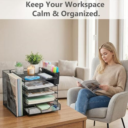 5-Tier Desk File Organizer with Drawer & Pen Holder (Black) | Desk Organizers and Accessories, Office Desk Accessories & Workspace Desktop Organizers for Classroom, Home, Office Supplies
