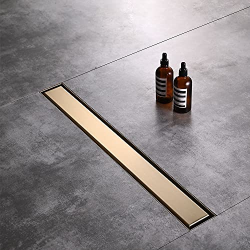 Linear Shower Floor Drain, Brushed Gold 24 Inch 304 Stainless Steel Bathroom Drains Kit, Rectangular Shower Trench Drain with Reversable Tile-in Pattern Drain Cover & Hair Catcher