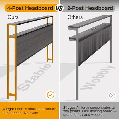 Lifezone Queen Bed Frame with 2-Tier Storage Headboard, Bedroom Metal Bed Frame with 2 Storage Drawers & Fast-Charging Station & LED, Noise-Free, No Box Spring Needed, Easy Assembly, Rustic Grey