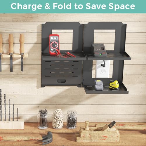2-Tier Router Shelf Wall Mount Foldable - 10 inch Metal Outlet Shelf w/Cable Holes | Dual-Layer Organize & Connect for Router and Modem & Smart Home Decor | Folds Up & Stackable (Medium)