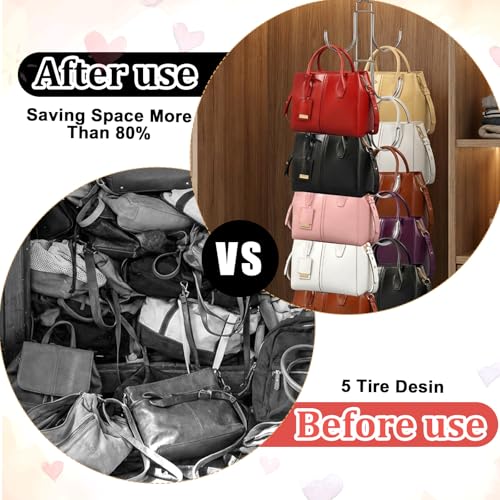 4 Pack Purse Organizer for Closet, Purse Hanger with 10 Big Hooks, 360 Degree Rotation Bag Holder for Organizer Display, Foldable Space Saving Hangers Rack for Handbag, Belt, Scarve, Tie
