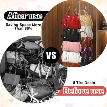 4 Pack Purse Organizer for Closet, Purse Hanger with 10 Big Hooks, 360 Degree Rotation Bag Holder for Organizer Display, Foldable Space Saving Hangers Rack for Handbag, Belt, Scarve, Tie