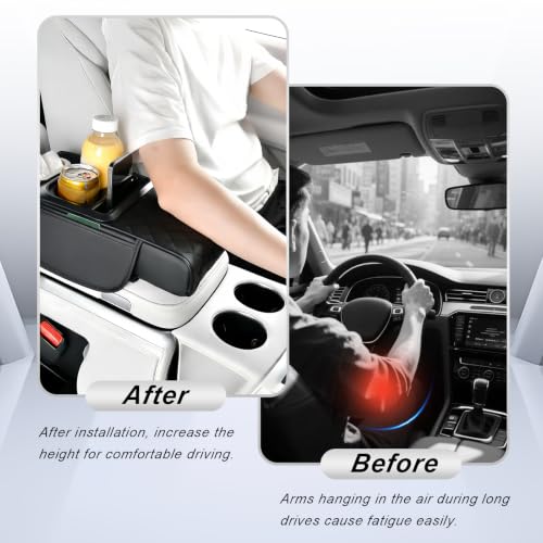 Upgraded 5 in 1 Car Center Console Cover, Leather Car Armrest Cushion with Side Storage Bags, Cup Holder, Tissue Box and Phone Stand, Universal Interior Accessory for Most Vehicles