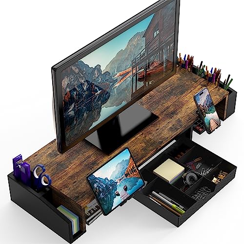 Simple Houseware Desk Dual Monitor Stand Riser with Drawer, Rustic Brown | Customizable Organizer Tray, Built-In Phone & Tablet Slot and Side Storage