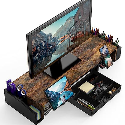 Simple Houseware Desk Dual Monitor Stand Riser with Drawer, Rustic Brown | Customizable Organizer Tray, Built-In Phone & Tablet Slot and Side Storage