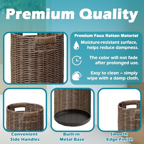Rattan Umbrella Holder 21"H X 10"D, Handmade Wicker Umbrella Stand Indoor with Dip Tray, Sturdy Umbrella Holders for Entryway, Umbrella Bucket Fits Mudroom,Walking Canes,Home,Office (Brown)