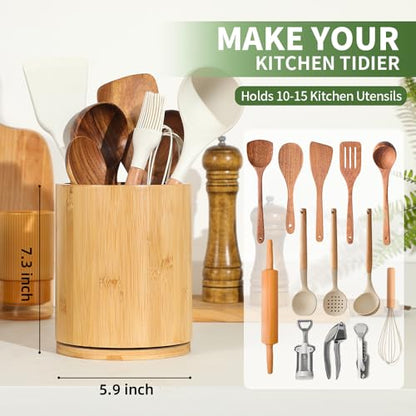 Wooden Utensil Holder, 360°Rotating 7.3'' Large Ut... (Bamboo | Wood)