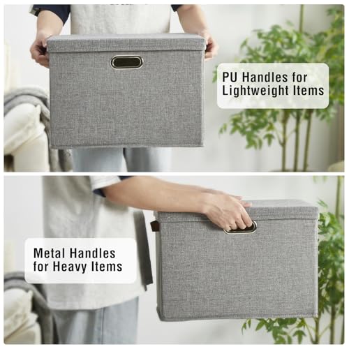 17" Large Collapsible Storage Bins with Lids, Stackable Closet Organizers with PU Handle and Labels, 3-Pack Decorative Fabric Storage Boxes for Home, Bedroom, Closet, Office, Nursery(Gray)