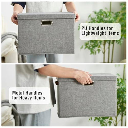 17" Large Collapsible Storage Bins with Lids, Stackable Closet Organizers with PU Handle and Labels, 3-Pack Decorative Fabric Storage Boxes for Home, Bedroom, Closet, Office, Nursery(Gray)