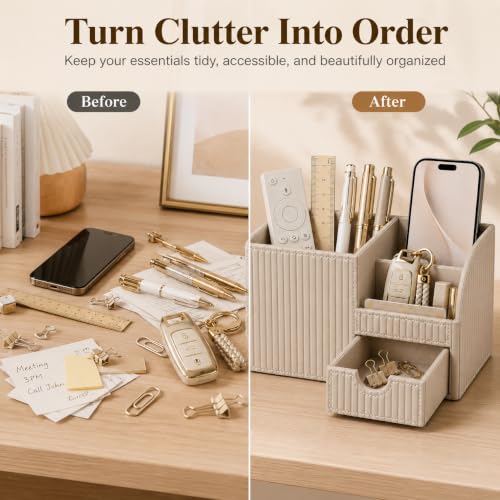 Luxury PU Leather Desk Organizer with Drawer, Modern Aesthetic Office Desk Accessories for Men & Women, Multi-Compartment Pen Holder & Desktop Storage Organizer for Home Office
