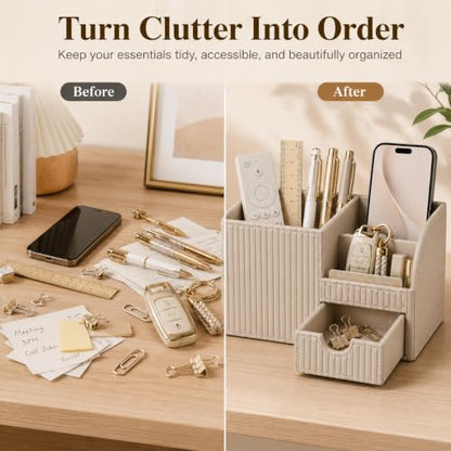 Luxury PU Leather Desk Organizer with Drawer, Modern Aesthetic Office Desk Accessories for Men & Women, Multi-Compartment Pen Holder & Desktop Storage Organizer for Home Office