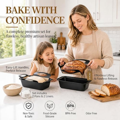 9x5 Loaf Pans for Baking Bread, 2-Pack Bread Loaf Pan Set with Silicone Bread Sling Liners, Nonstick Loaf Liners for Sourdough, Banana Bread, Homemade Bread
