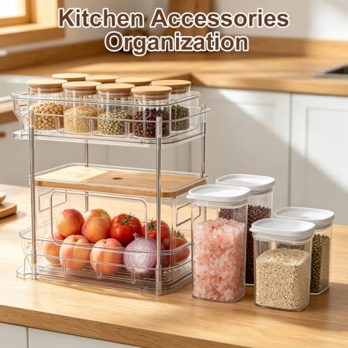 Trash Bag Holder with Bamboo Lid, Stackable Trash bag Dispenser with 2-tier Rack and 4 Plastic Bottles, Extra Large Garbage Bag Holder for Kitchen Laundry Room Under Sink Organization and Storage