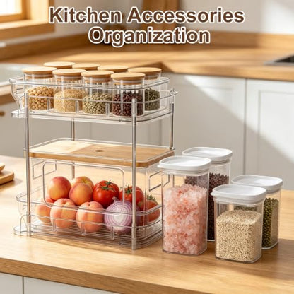 Trash Bag Holder with Bamboo Lid, Stackable Trash bag Dispenser with 2-tier Rack and 4 Plastic Bottles, Extra Large Garbage Bag Holder for Kitchen Laundry Room Under Sink Organization and Storage