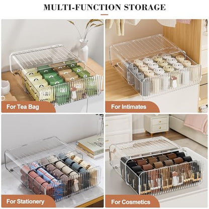 Sock Underwear Drawer Organizer - 24 Compartment Clear Acrylic Storage Bins with Removable Dividers for Closet, Stackable Dresser Drawer Box for No-Mess Socks, Tiers, Baby Clothes, Belt, Tea Bag