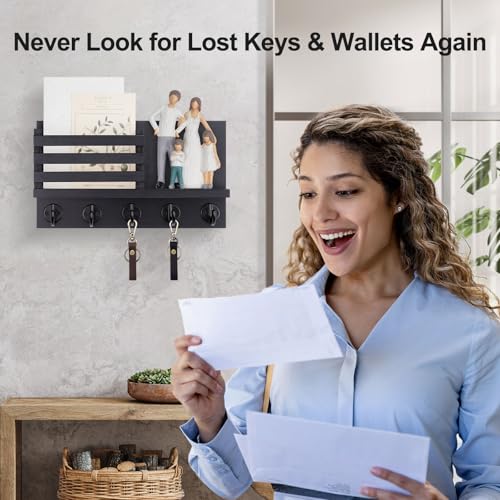 Lwenki Key Holder for Wall – Decorative Wooden Mail Holder and Key Shelf with Mounting Hardware, Installation Guide – Paulownia Wood with Metal Key Hooks (Black, Large - 11.8inch)