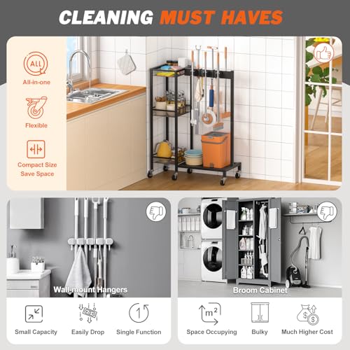 Broom Holder with Cleaning Supplies Organizer, Broom Closet Storage Cabinet with Cleaning Caddy, Cleaning Cart with Mop Hanger Gripper Rack Hooks,Janitorial Cart,Utility Carts Household Essentials