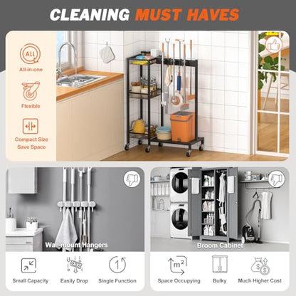 Broom Holder with Cleaning Supplies Organizer, Broom Closet Storage Cabinet with Cleaning Caddy, Cleaning Cart with Mop Hanger Gripper Rack Hooks,Janitorial Cart,Utility Carts Household Essentials