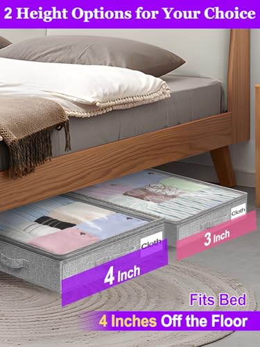 4-in Low Profile Under Bed Storage, No Structure, 2-Pack, Gray | 4" Ultra-Slim, Clear Lid, Reinfoced Handles & Smooth Zips, Dustproof & Waterproof, for Low Bed, Couch, Crib Storage