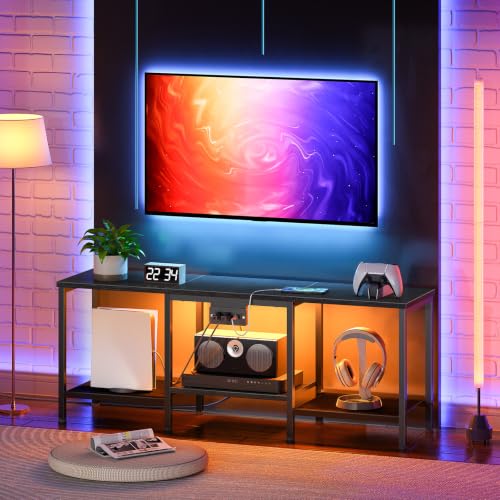 HOOBRO TV Stand with Charging Station to 55 Inches, LED Entertainment Center, Media TV Console Table with Open Storage Shelving for Living Room, Bedroom, Black BB122UDDS01