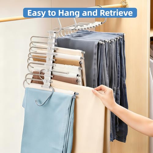 4 Pack Pants Hangers Space Saving 9 Layers, Non-Slip Closet Storage Organizers, Stainless Steel Jean Clothes Hanger Pants Rack for Trousers Scarf Leggings Skirts, Dorm Room Apartment Essentials