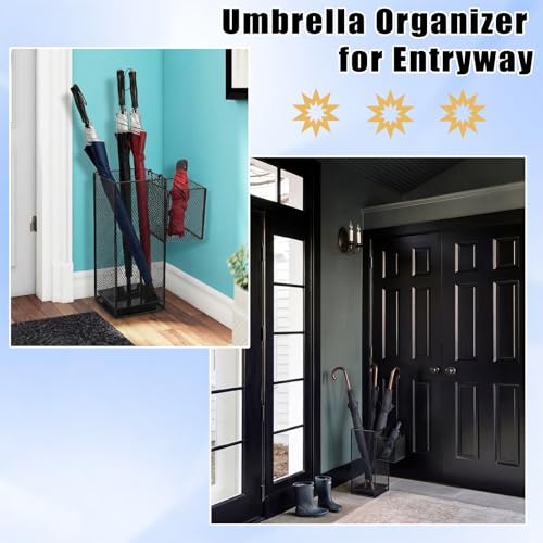 OwnMy Metal Umbrella Holder for Entryway Indoor Umbrella Stand for Entryway | Comes with Small Umbrella Storage Basket and Draining Tray, Modern Umbrella Stand Rack for Home Office Hotel Entrance, 16.5"H