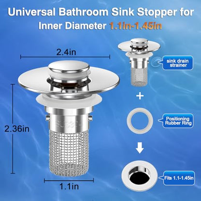 Bathroom Sink Drain Strainer,(2PCS) Pop-up Sink Drain Strainer with Removable Stainless Steel Strainer Basket Hair Catcher, Bathroom Sink Strainer for Bathroom Sink Stopper Replacement