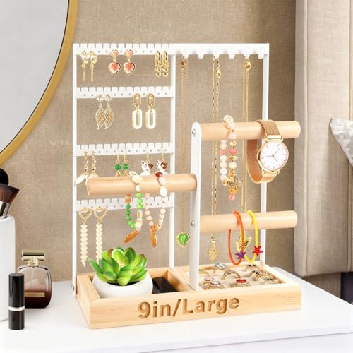 Jewelry Stand - 48 Holes Earring Holder, 4-Tier Ne... (White | Metal, Wood)