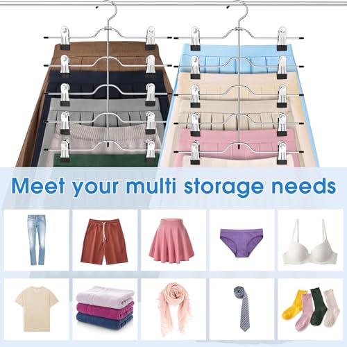 Pants Skirt Hangers with Clips 2 Pack 5 Tier | Pant Hangers Skirt Hangers Space Saving Closet Hanger Organizer Closet Organizers and Storage