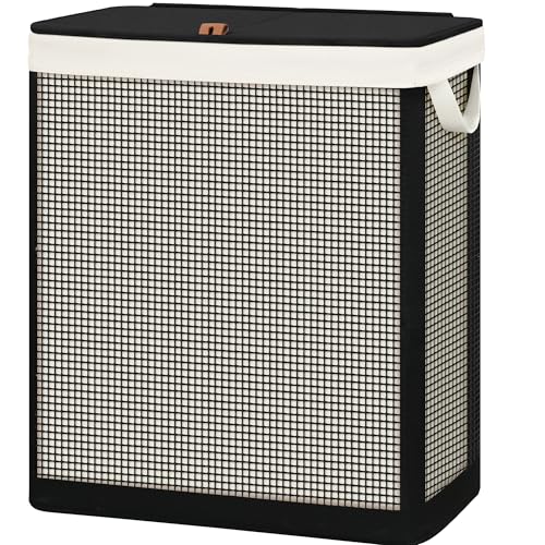 STO STO Double Laundry Hamper with Lid, 140L Large 2 Section Laundry Sorter, Laundry Basket with Removable Washable Canvas Liner Bag, Breathable Clothes Hamper for Bedroom Bathroom Laundry Room Closet