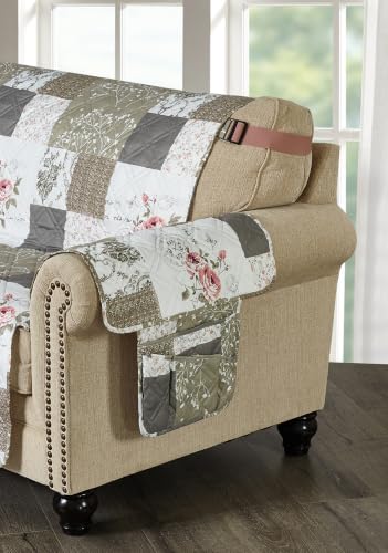 Brilliant Sunshine Patchwork Couch Armrest Organizer, Rose Grey (35"×13") | Non Slip Armchair Caddy for Sofa Recliner, Washable Remote Controls Holder, Storage for Magazine, Phone, iPad
