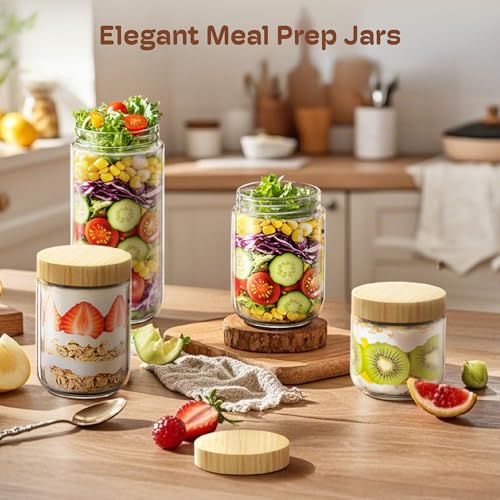 16 oz Overnight Oats Containers with Bamboo Lids, Glass Mason Jars 6 Pack