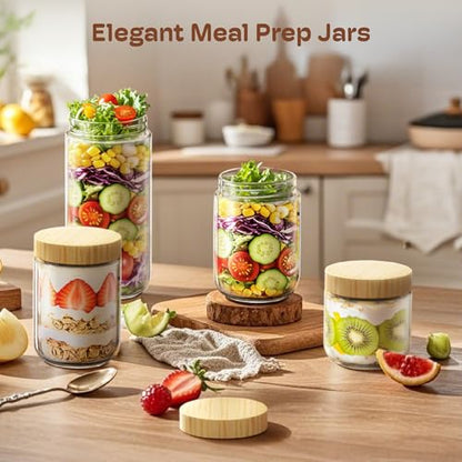 16 oz Overnight Oats Containers with Bamboo Lids, Glass Mason Jars 6 Pack