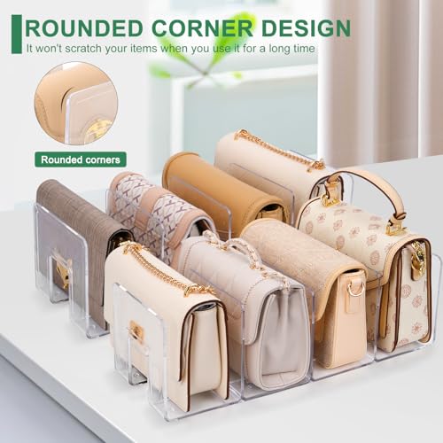 2 Pack Acrylic Purse Organizer for Closet, 8-Slot Bag & Purse Organizer, No Assembly, Clear Handbag Storage Shelf .for Shelf Divider Handbags, Clothes, Sweater