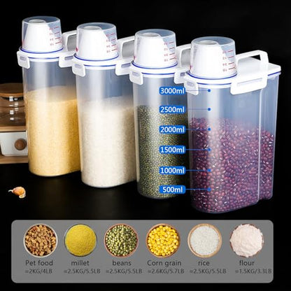 2 Pcs 5.5 LB Rice Storage Container, Airtight Cereal Flour Dispenser with Pouring Spout & Measuring Cup, Kitchen Plastic Clear Dry Food Storage Bin for Grain Oatmeal Snacks Pet Dog Food