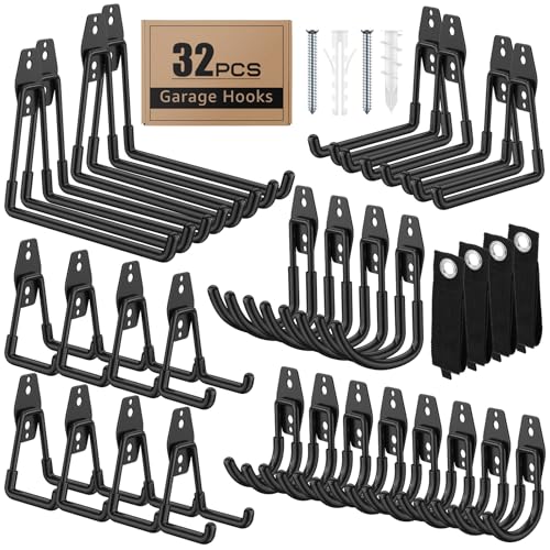 32-Pack Heavy Duty Wall Mount Garage Hooks | Hanging Storage For Ladders, Hoses, Bikes, Garden Tools, Ropes; For Yard, Warehouse, Workshop, Shed, Shop
