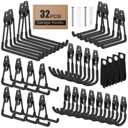 32-Pack Heavy Duty Wall Mount Garage Hooks | Hanging Storage For Ladders, Hoses, Bikes, Garden Tools, Ropes; For Yard, Warehouse, Workshop, Shed, Shop