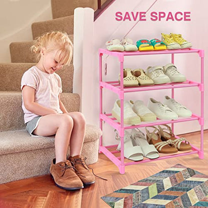 HITHIM 4-Tier Free Standing Pink Shoe Racks, Lightweight Stackable Shelf | 6-8 Pairs Shoe Storage for Girls/ Women/ Kids' Closet, Small Place Organizer for Entryway, Doorway and Closet