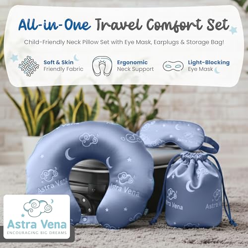 Child Travel Sleep Mask and Pillow Set - 2 in 1 Cute Character Design for Kids Rest, Naps and Relaxation. Soft Comfort with Bag Cover, Perfect for Flights, Car Trips 33cm (Blue)